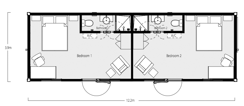 Two Bedroom, Two Bath Shipping Container Home Floor Plan